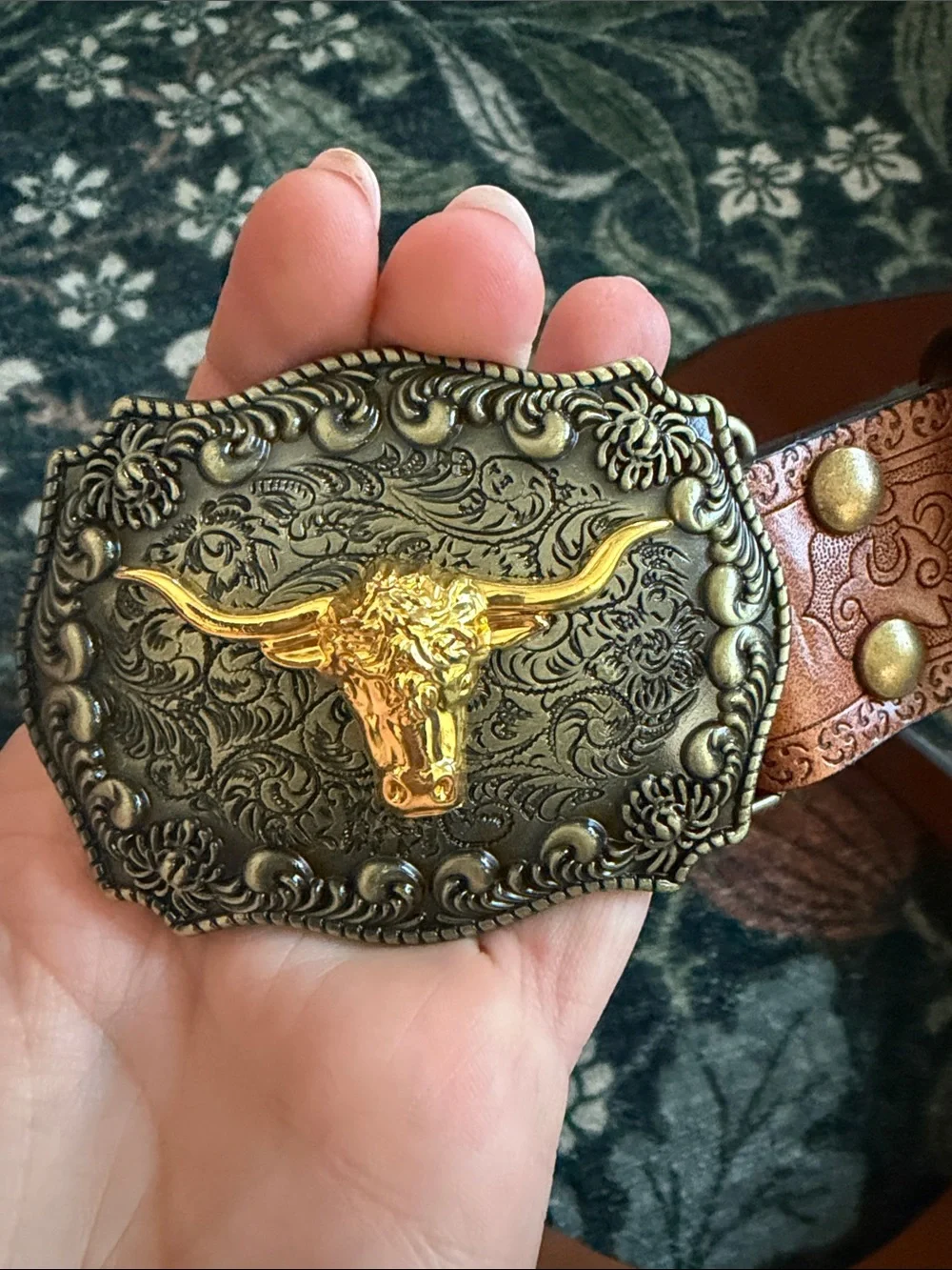Brown Tooled Leather Kids Western Belt with Gold Longhorn Buckle